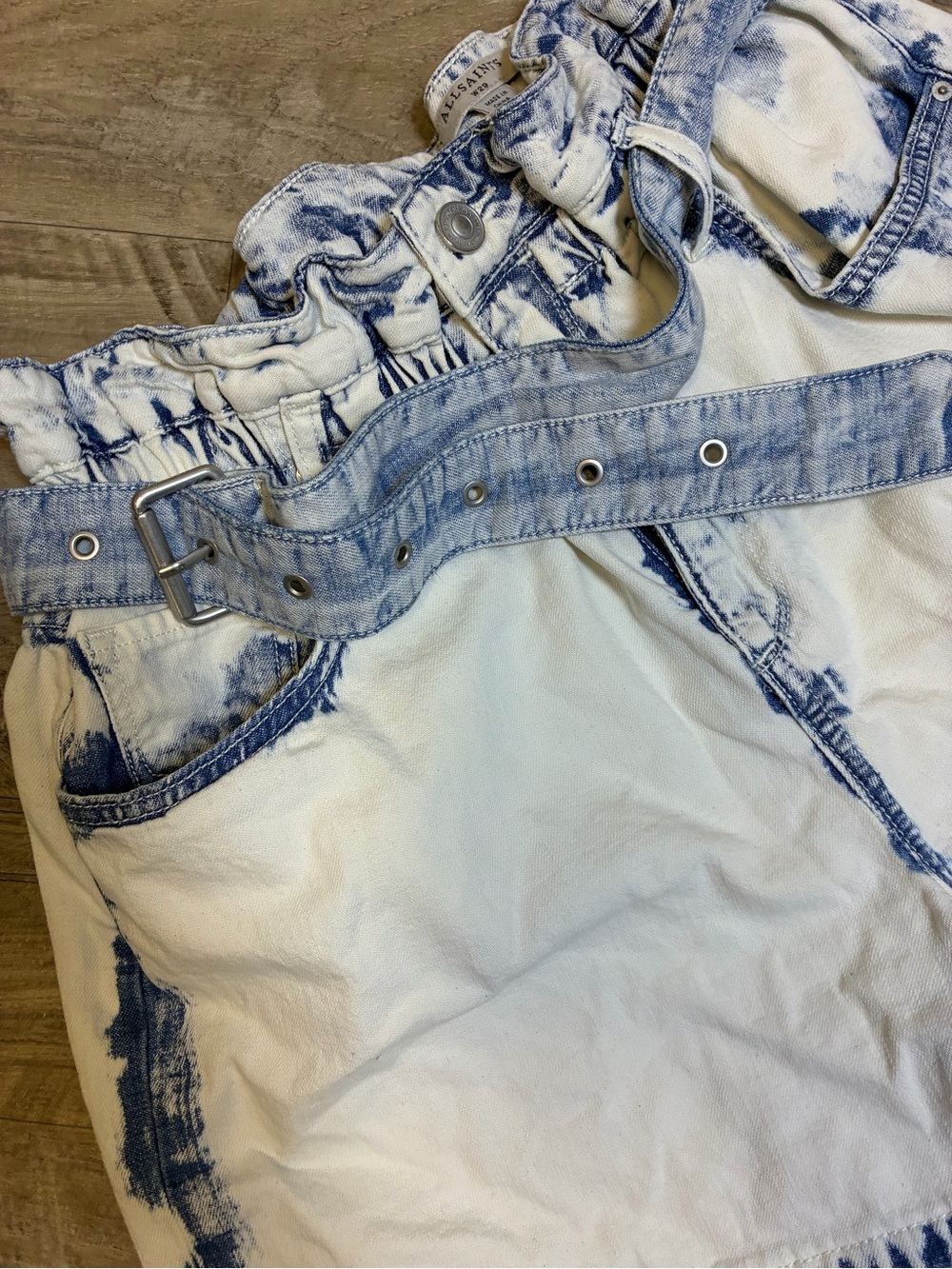 All Saints Filly Paperbag Denim Shorts High Waisted Belted Bleached - Picture 3 of 12